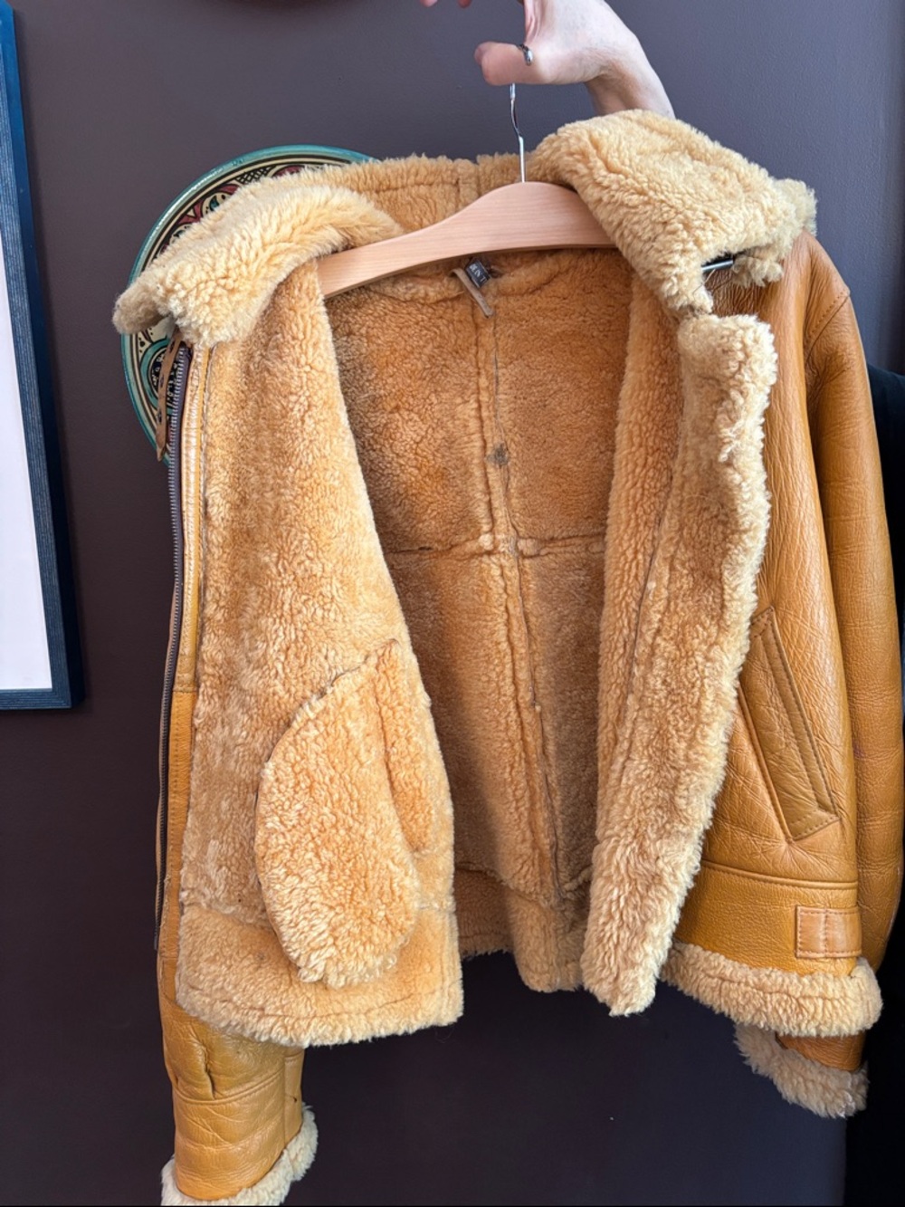 Mustard Shearling-Lined Leather Hooded Jacket - Picture 3 of 7